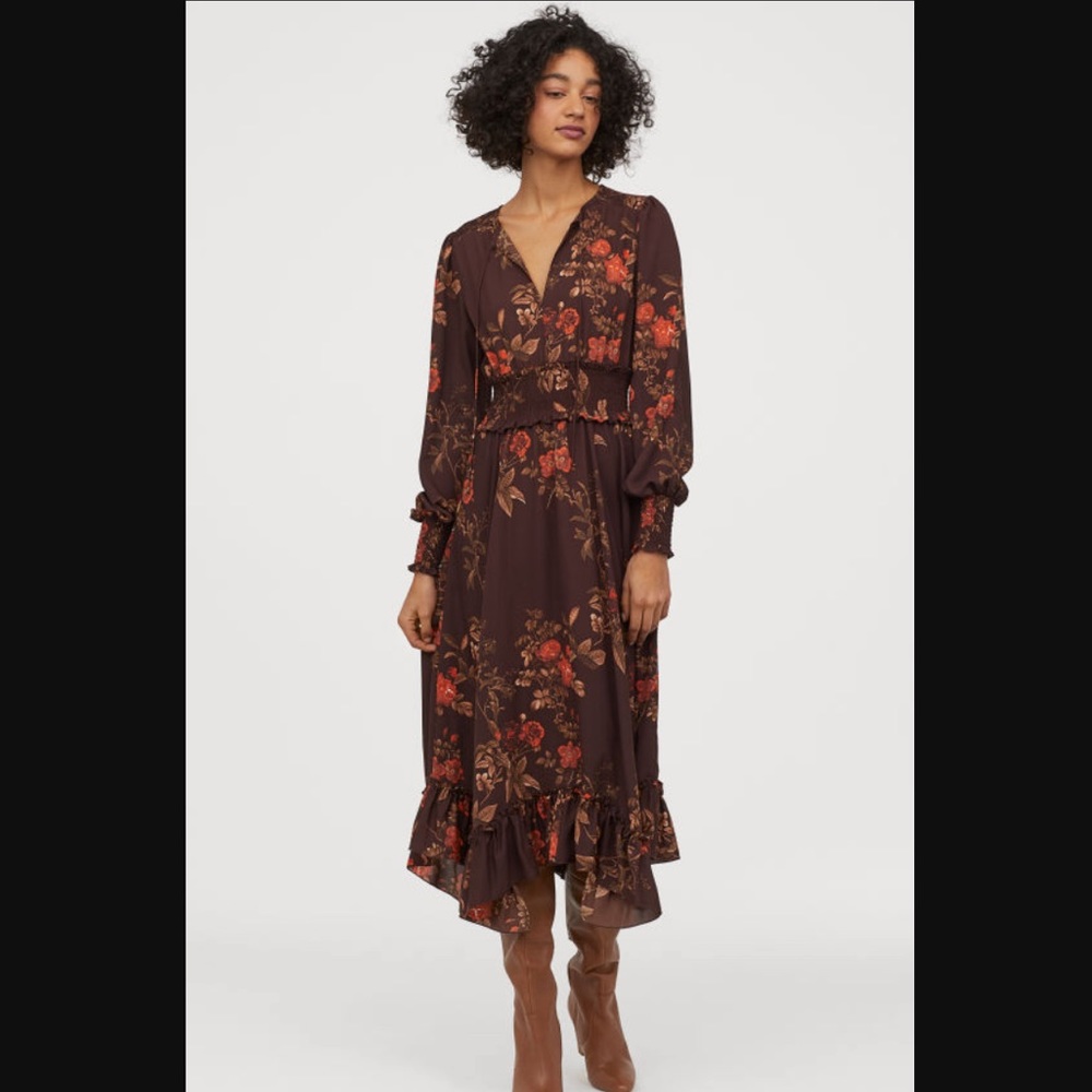 Long brown floral H&M dress with smocking, size 8, NWT